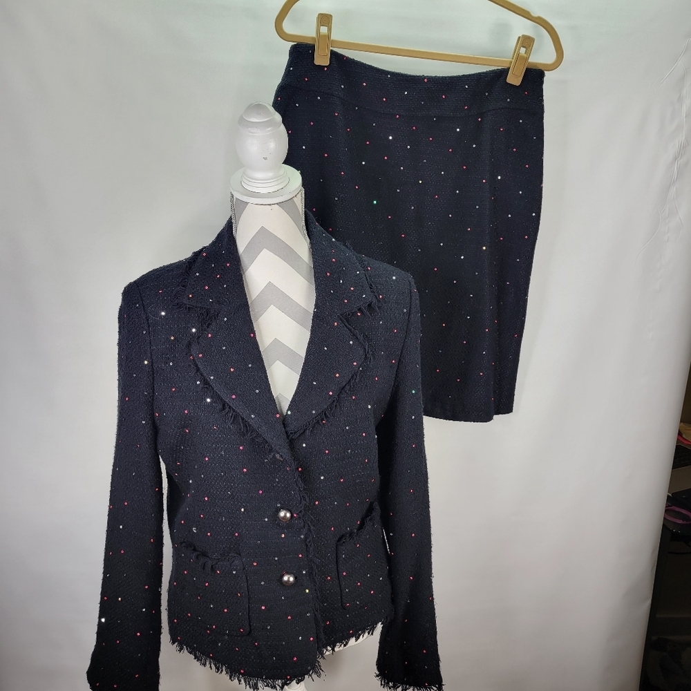 Silkland 2 Piece Jacket and Skirt Knobby Silk Blend Lined Sequins Size 12